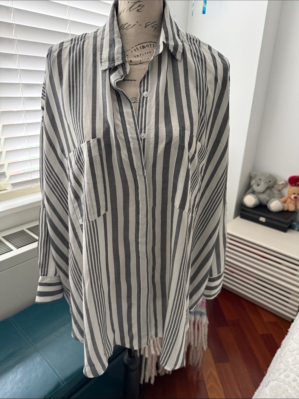 Relaxed Cold-Shoulder Black & White Striped Cotton Tunic Shirt - Women